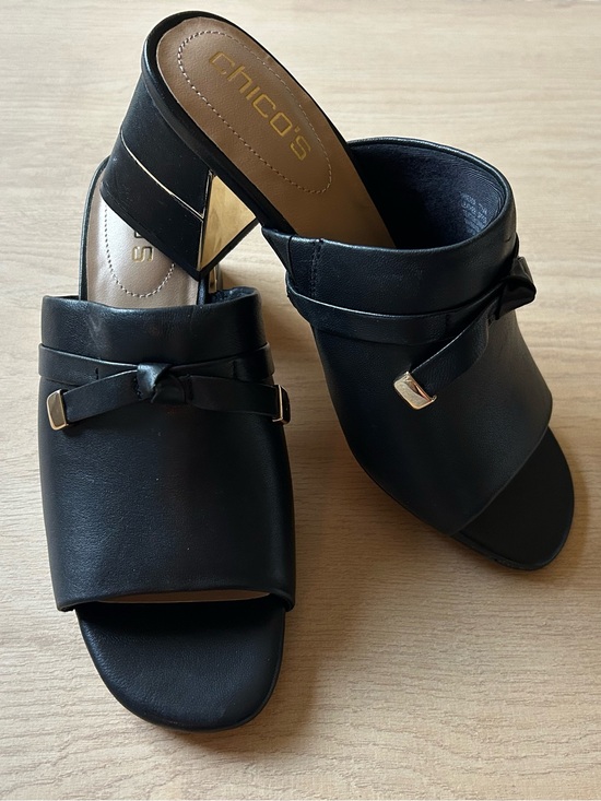 Chico's Shoes - *SOLD* Chico's Black Leather Open-Toe Mule with Gold Accent Women’s Size 7.5